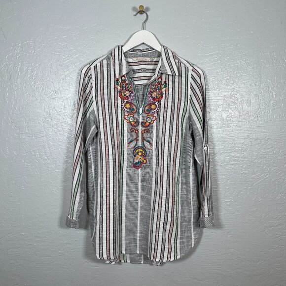 Soft Surroundings Tops - Soft Surroundings Women M Aruba Tunic Blouse Striped Embroidered Floral Boho